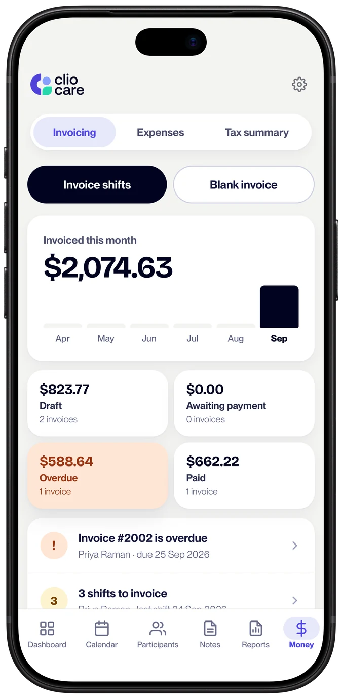 Clio's Money tab on a phone: the amount invoiced this month, tiles for draft, awaiting payment, overdue and paid invoices, and an alert for an overdue invoice