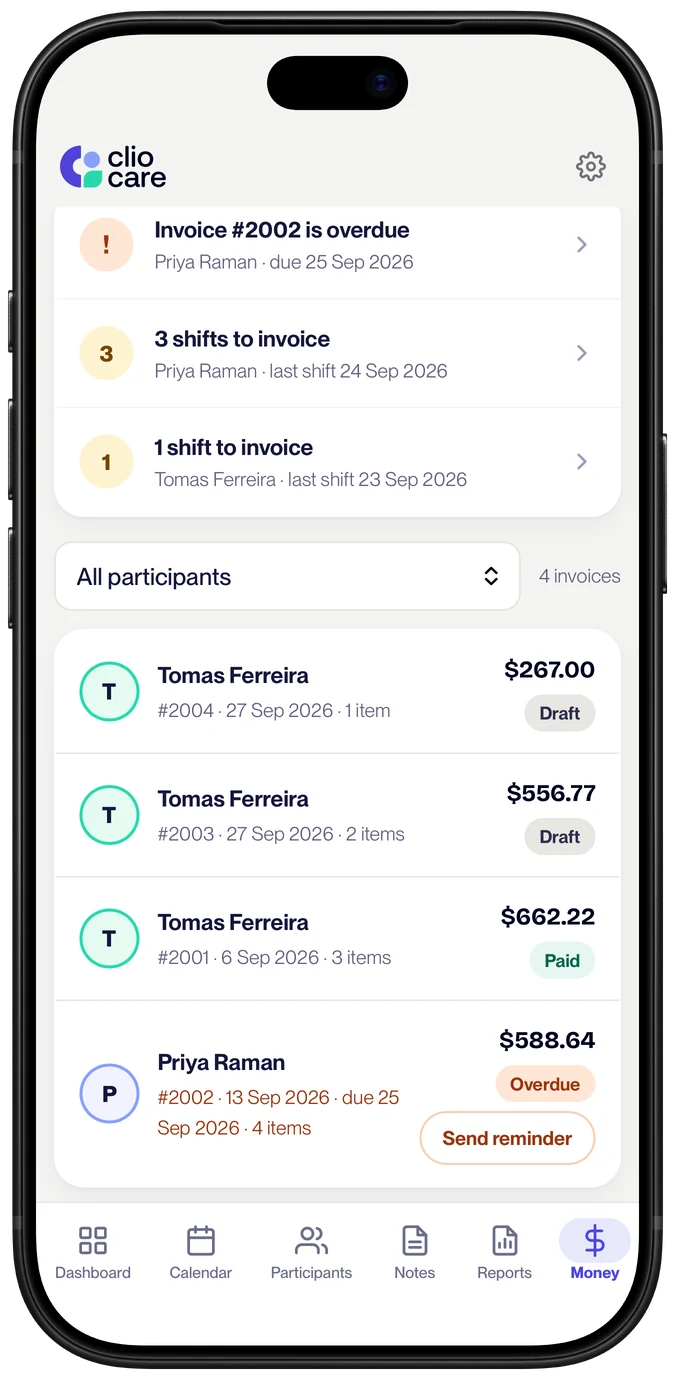 Clio's invoice list showing draft, paid and overdue invoices, with a Send reminder button on the overdue one