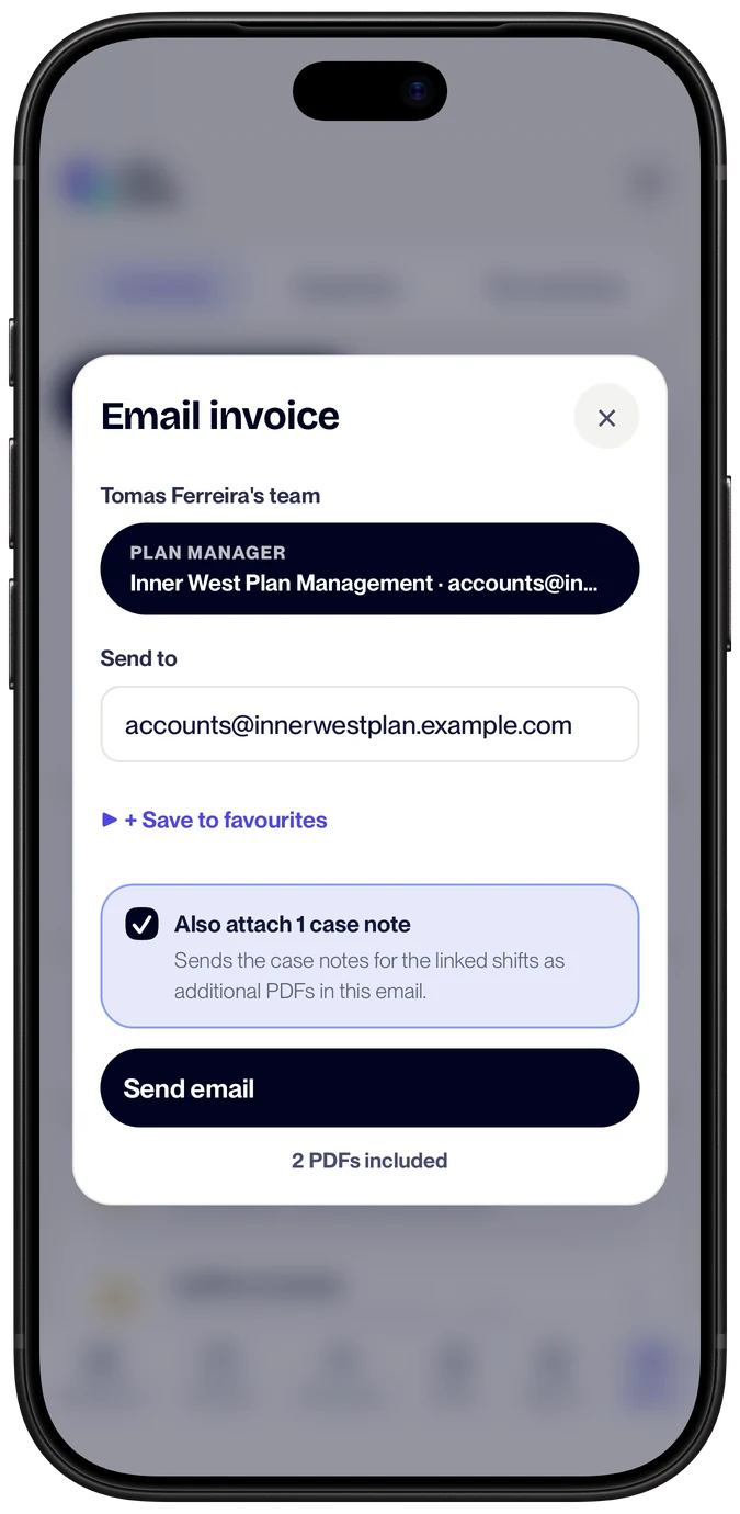 Emailing an invoice from Clio to the participant's plan manager, with the option to attach the case note for the invoiced shift ticked
