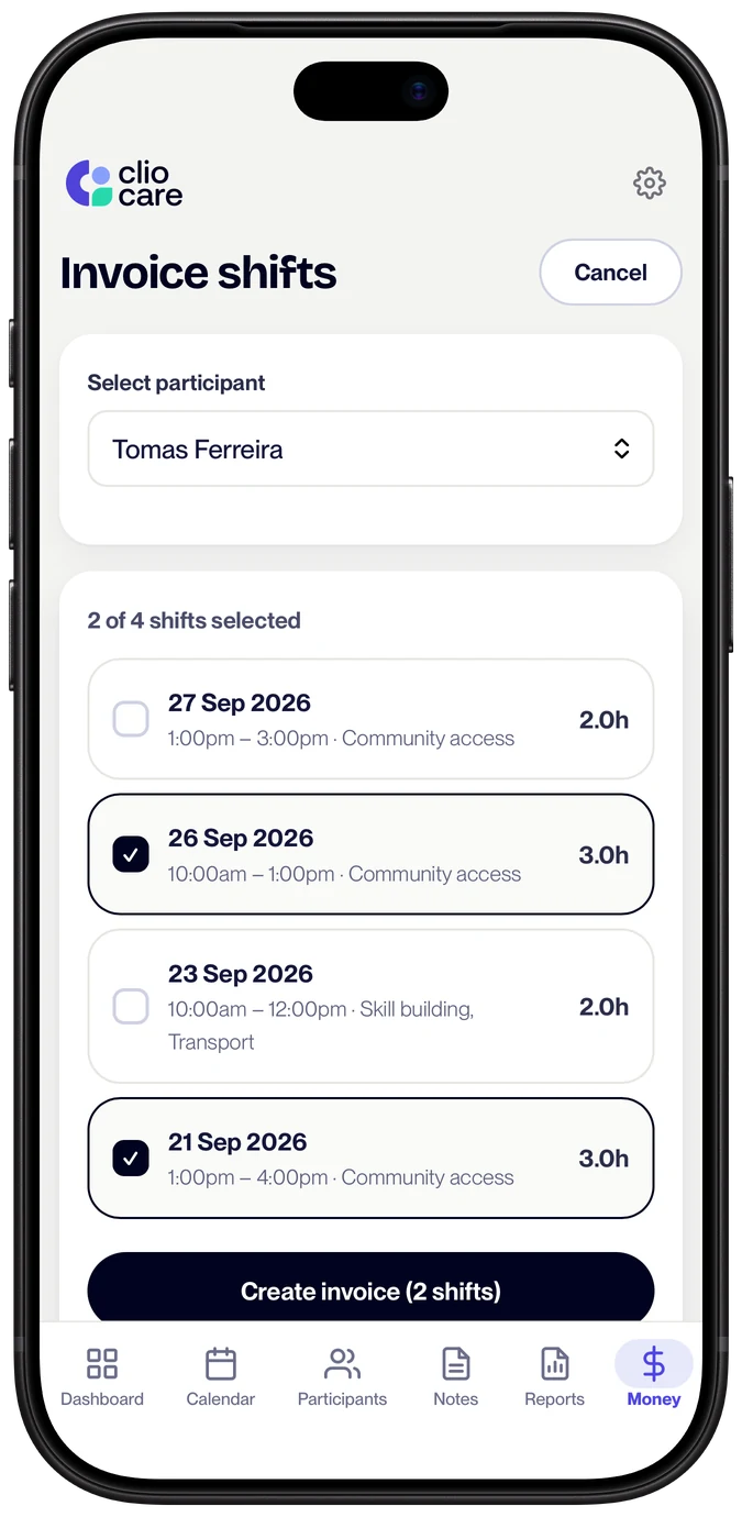 Invoicing shifts in Clio: a participant's completed shifts not yet invoiced, two of four ticked, and a button to create the invoice