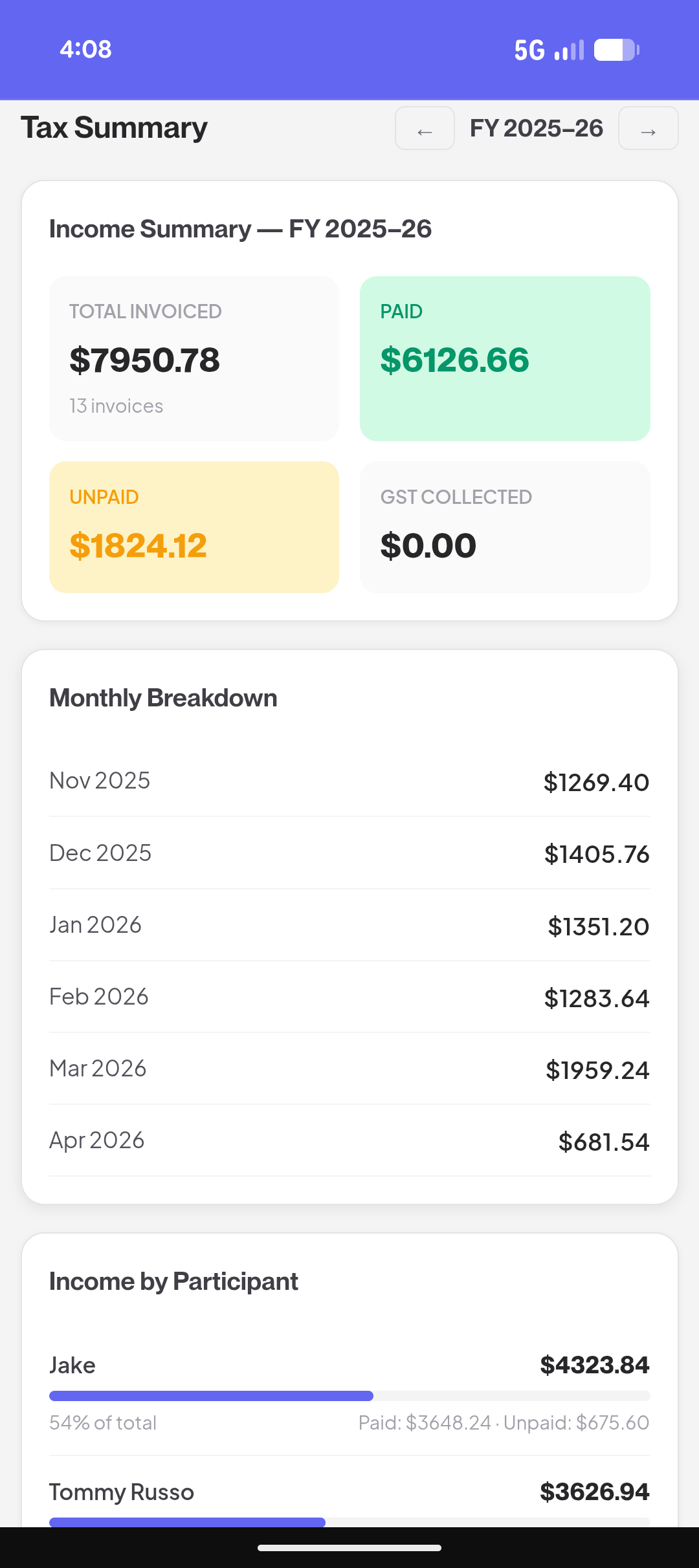 Tax summary view