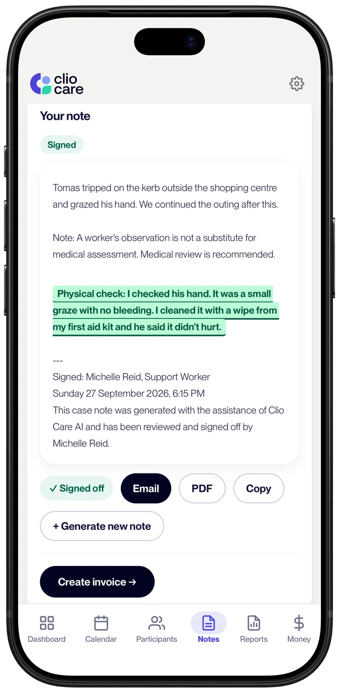 A signed note in Clio with the worker's own words highlighted, and buttons to email it, save a PDF, copy it or create an invoice