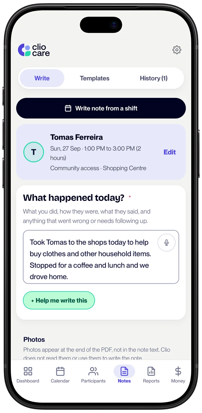 Clio's note writing screen on a phone, with the shift already filled in and a few casual sentences about a shopping trip typed in