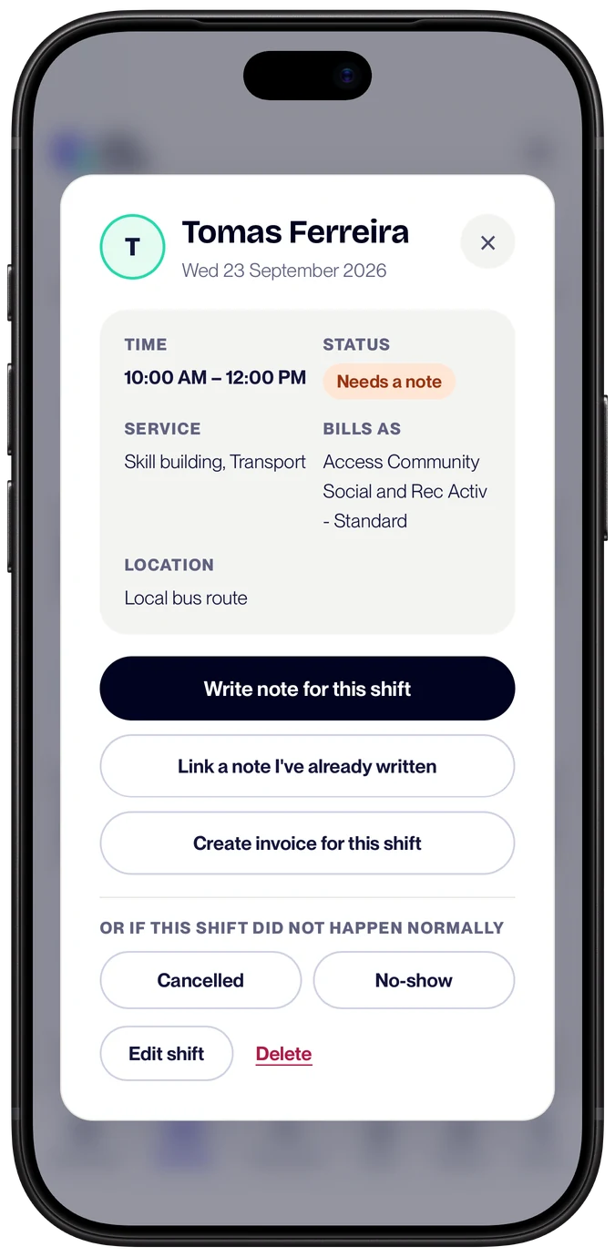 An open shift in Clio showing its time, status, service and support item, with buttons to write a note or create an invoice for that shift
