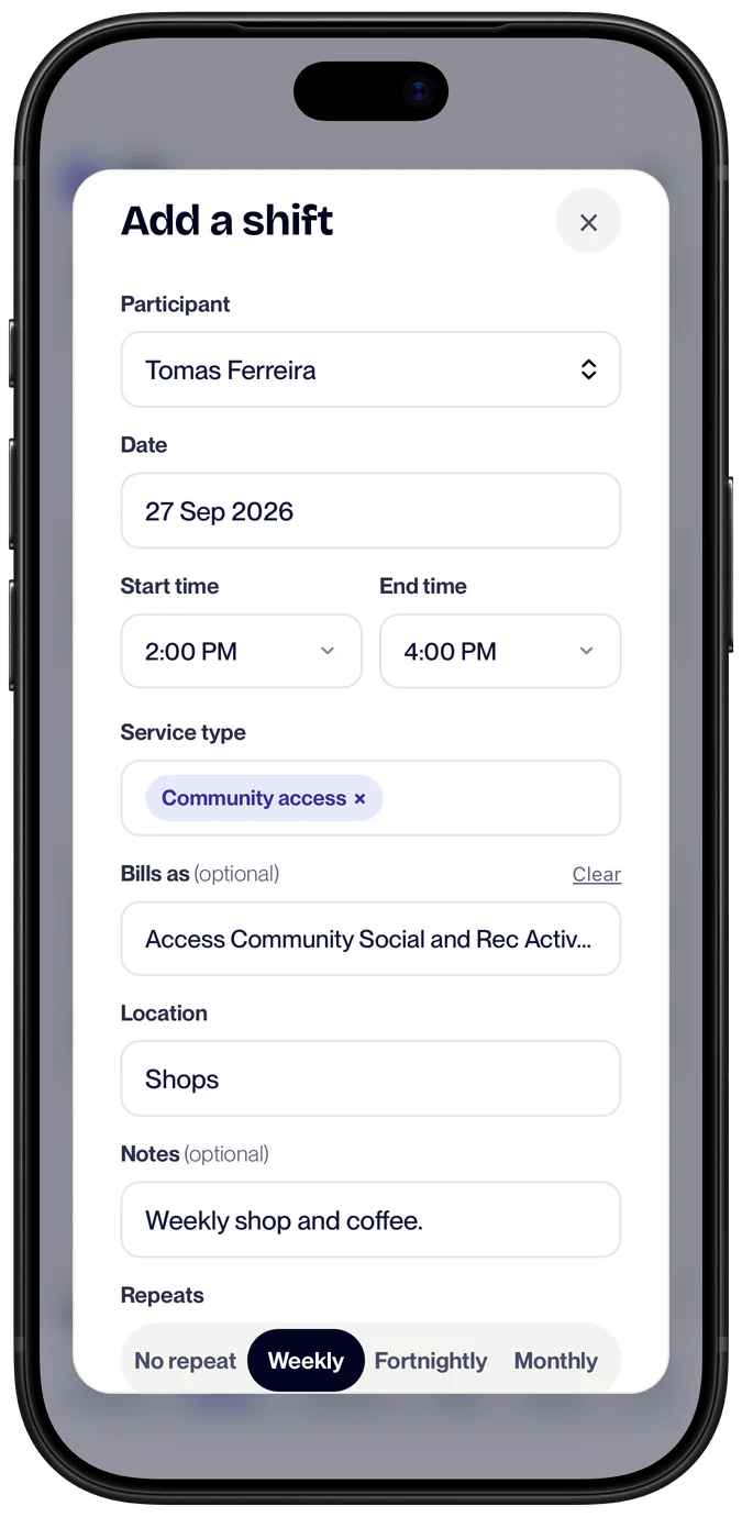 Adding a shift in Clio, with the participant, times, service type, support item and the Repeats options: no repeat, weekly, fortnightly or monthly